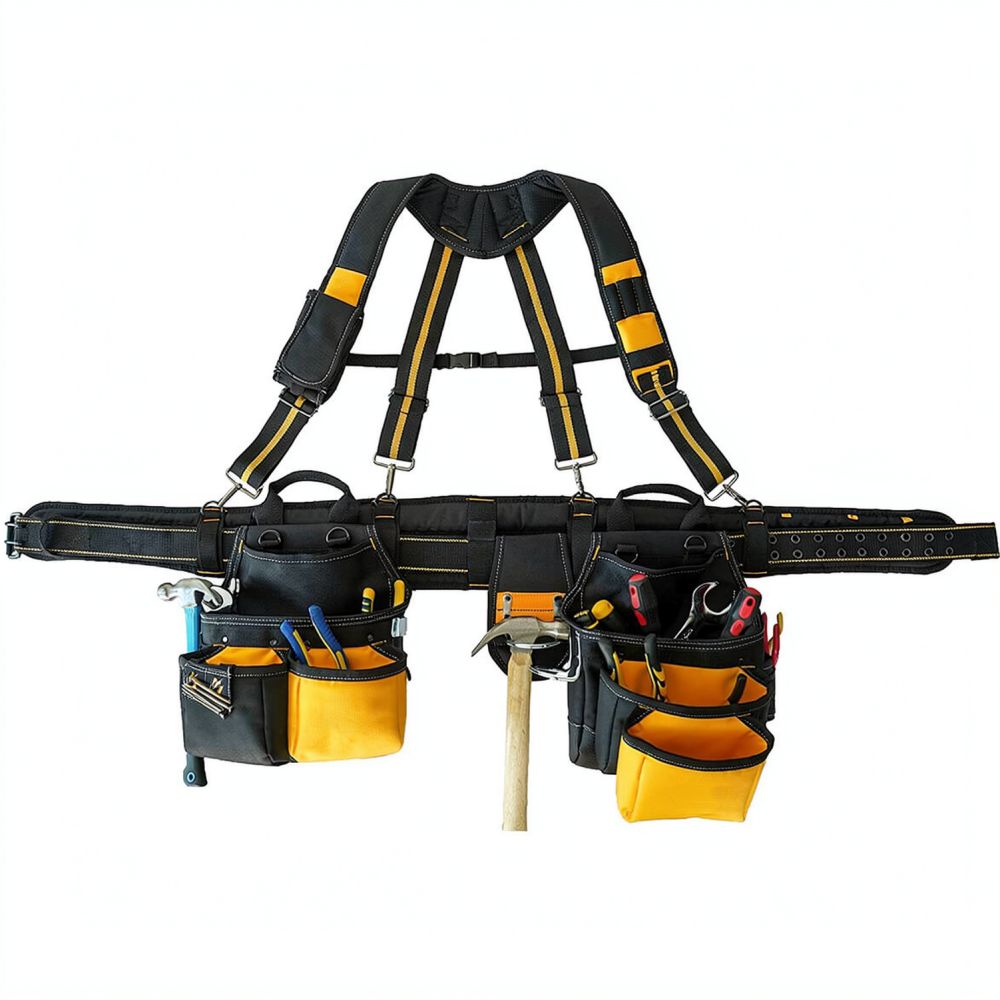 Heavy Equipment Electrician - プロ仕様の頑丈なツールベルト用サスペンダー。X字型の肩ストラップで、大工や電気工事士、現場作業に適した作業用具を固定します。